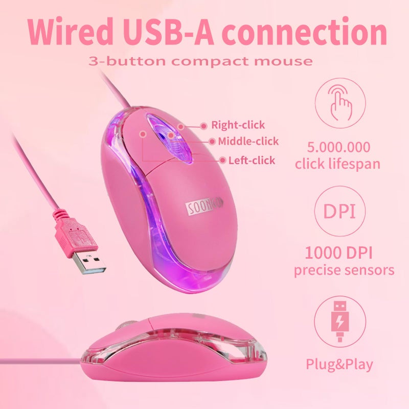 SOON GO Pink Mouse,Computer Mouse,with 1.5m Pink USB Cable - Compatible with Windows, Linux, Mac, Laptop, PC & Desktop - Ideal for Office, Home, Business, School, Kids & Women - Image 3